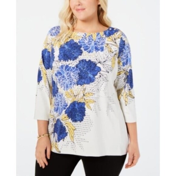 Plus Size Floral-Print Boat-Neck Top CH-Club - Picture 1 of 1
